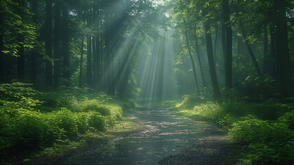 Forest road under a canopy of green, sun rays shining through, sparkling stream beside, tranquil and beautifully detailed.