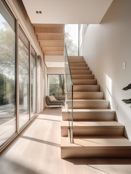 interior of modern house, staircase view from the window. 3d rendering