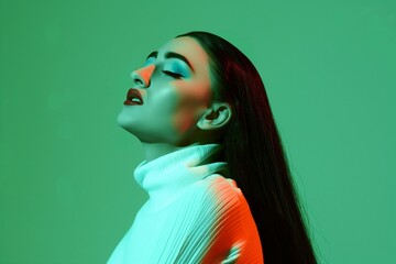 Wall Mural - Futuristic Portrait of a Woman in Neon Green Light