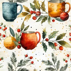 watercolor minimal Pattern with cocoa mugs, holly leaves, and festive ornaments, in traditional Christmas colors like red, green, and gold, merry and festive, seamless repeating pattern