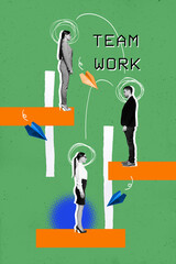 Poster - Vertical photo collage of three girl guy colleagues office company concept paper plane fly organization team isolated on painted background