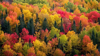 Sticker - The changing colors of leaves in a deciduous forest during fall create a spectacular display, transforming the landscape into a vibrant mosaic.