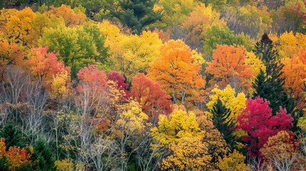 Sticker - The changing colors of leaves in a deciduous forest during fall create a spectacular display, transforming the landscape into a vibrant mosaic.