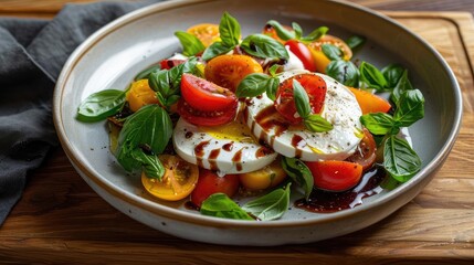 Wall Mural - Fresh Caprese salad with tomatoes, mozzarella, basil, and balsamic glaze on a rustic wooden table.