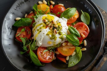 Wall Mural - Delicious fresh burrata salad with tomatoes, basil, and nuts served in a black bowl, ideal for food photography and healthy eating concepts.