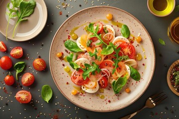 Wall Mural - Fresh Caprese salad with tomatoes, mozzarella, and basil on a ceramic plate, surrounded by ingredients, seen from above.