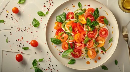 Wall Mural - Fresh Caprese salad on white plate, garnished with basil leaves, cherry tomatoes, and black pepper, creating a vibrant, healthy meal.