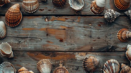 Wall Mural - Seashells arranged on a wooden surface