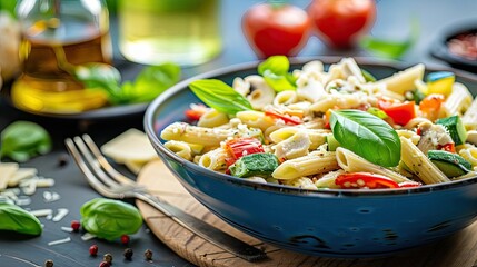 Colorful pasta salad in a blue bowl with fresh vegetables, herbs, and cheese, perfect for a healthy meal.