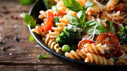 Wall Mural - Delicious vegetable pasta with fresh tomatoes, broccoli, peas, and basil served in a black bowl on a rustic wooden table.
