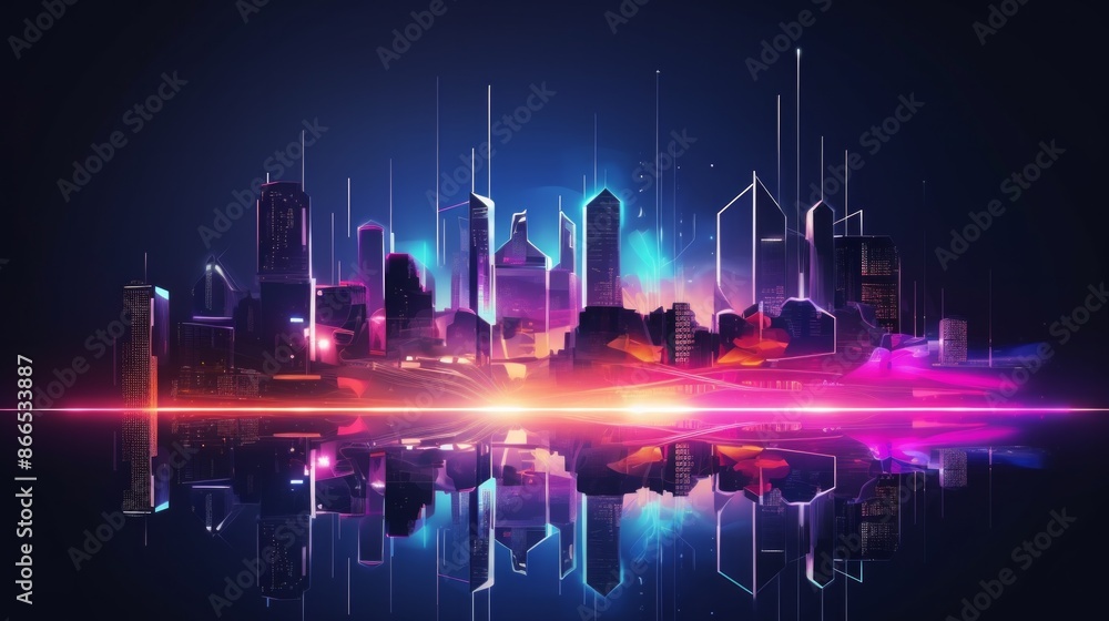A stunning futuristic cityscape illuminated by vibrant neon lights ...
