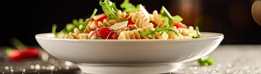 Wall Mural - Close-up of a colorful pasta salad with cherry tomatoes, arugula, and parmesan cheese served in a white bowl on a dark background.