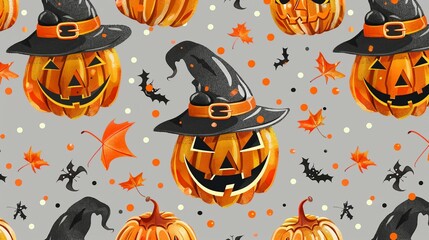 Wall Mural - Spooky Halloween Pumpkin Pattern on Dark Background for Festive Decorations Stock Vector
