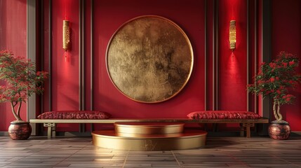 a luxurious red and gold Chinese-style room. There is a round golden wall decoration in the center of the room, and a golden podium in front of it. The room is lit by two red lanterns. 