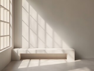 Wall Mural - A minimalist white bench sits in a sunlit room, with geometric shadows cast by a large window.
