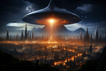 Fototapete - An alien UFO spaceship hovering over the wilderness at night.