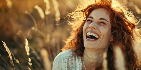 Wall Mural - A woman with red hair is smiling and laughing in a field of tall grass