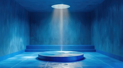 Wall Mural - A blue room with a spotlight shining down from a hole in the ceiling. There is a blue podium in the center of the room.