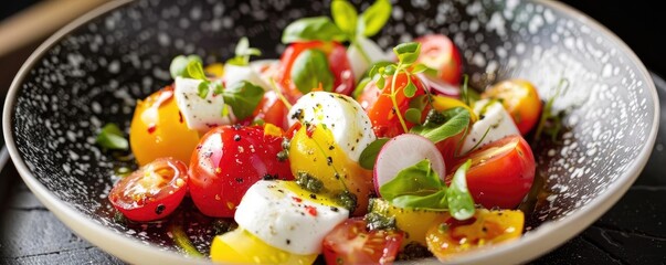 Wall Mural - A fresh and vibrant caprese salad with juicy cherry tomatoes, creamy mozzarella, and fresh basil leaves on a black speckled plate.