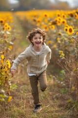 Wall Mural - A young boy is running through a field of yellow flowers