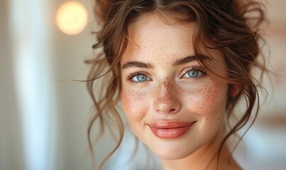 Wall Mural - Against a soft backdrop, a young woman with a genuine and bright smile showcases her fresh dewy complexion, conveying a sense of happiness and authenticity in the photo.