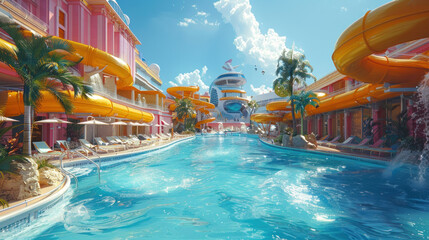 A vibrant pool area with colorful water slides, palm trees, a sunny day, on a cruise ship.