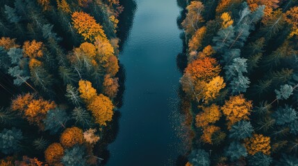 Wall Mural - Autumn forest river captured by drone