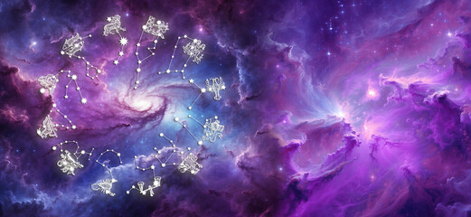 Wall Mural - all zodiac signs with star constellation over purple blue universe with nebula, astrology background with copy space 