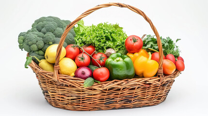 Wall Mural - Healthy food. Vegetables and fruits background. Set of different fruits and vegetables on white background. Wicker basket with fresh colorful fruits and vegetables. Healthy nutrition. Space for text