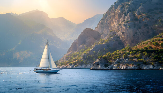 Sailboat in the sea in the evening sunlight over beautiful big mountains background, luxury summer adventure