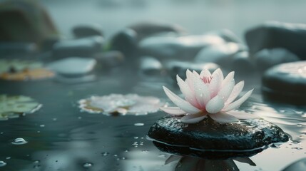 Wall Mural - A white flower is floating on the surface of a body of water