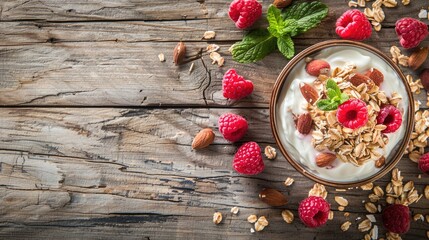 Wall Mural - Homemade healthy breakfast with muesli yogurt raspberries and nuts on a rustic wooden table