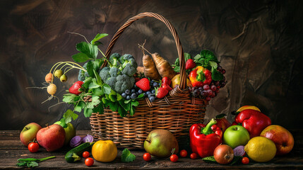 Wall Mural - Vegetables and fruits background. Basket full of colorful vegetables and fruits with copy space for text. Assortment of fresh organic fruits and vegetables. Healthy food. Healthy nutrition