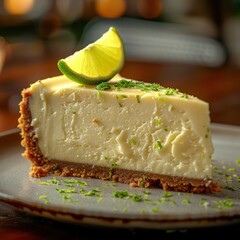 A slice of key lime cheesecake with a lime wedge and zest