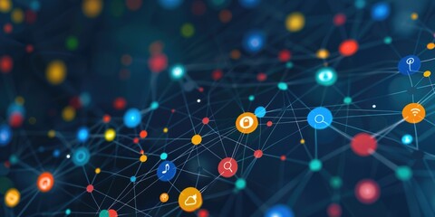 A colorful network of dots with a blue background