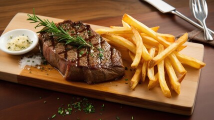 Wall Mural - Grilled Steak with French Fries and Rosemary