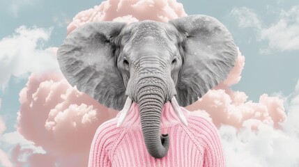 An ai image of an elephant portrait face with pink knit sweater over heaven background