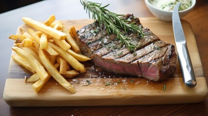 Wall Mural - Grilled Steak with Rosemary and Fries on Wooden Cutting Board