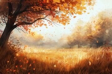 Wall Mural - Peaceful autumn scene with a golden meadow, vibrant fall foliage, and leaves gently falling from a tree