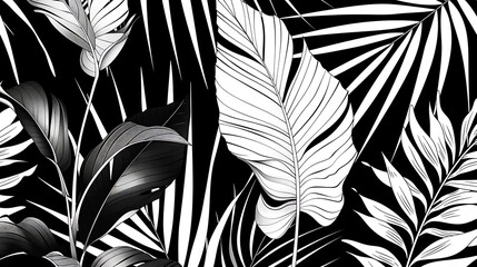 Wall Mural - Abstract black and white art background with tropical palm leaves in line style. Botanical banner with exotic plants for decoration, print, wallpaper, textile, interior design, poster. Generative Ai