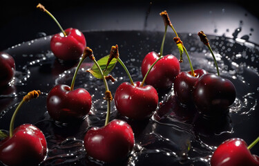 a close up of Cherry with a black background, backlit,there is only one Cherry fruit in the pic