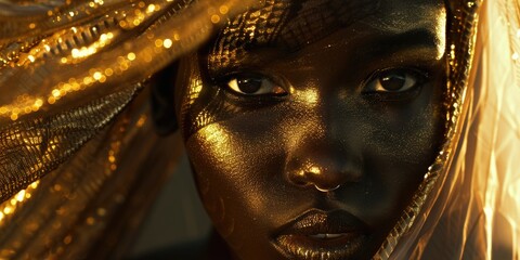 A woman with gold face paint and a gold scarf