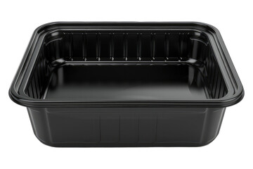 Black plastic food container isolated on transparent background