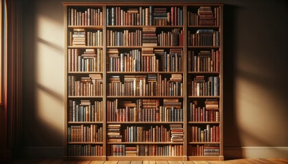 Wall Mural - well-organized bookshelf filled with books of various colors and sizes. The bookshelf is made of wood