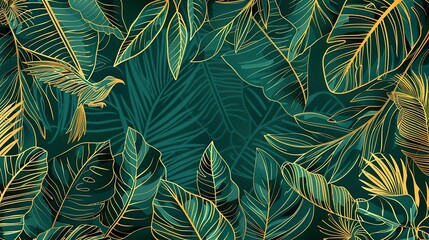 Wall Mural - Art background with tropical leaves and bird in green and gold color in art line style. Botanical banner for decor, cover, print, textile, wallpaper, interior design. Generative Ai
