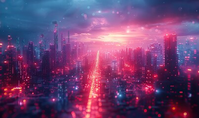 Wall Mural - Futuristic cityscape bathed in neon lights, no names or depictions of events, science and technology background.