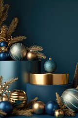 Wall Mural - A blue and gold Christmas ornament display with a gold ball in the center