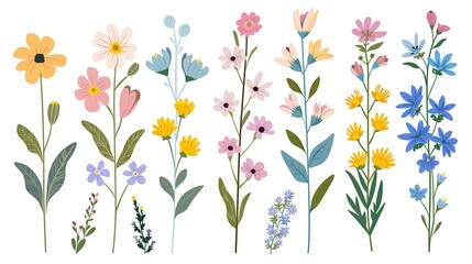 Sticker - Collection of spring colorful flower elements vector. Set floral of wildflower, leaf branch, foliage on white background. Hand drawn blossom illustration for decor, easter. Generative Ai