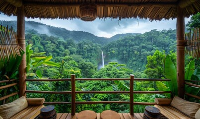 Wall Mural - A stunning view of a lush rainforest canopy with a distant waterfall, viewed from a balcony of an eco-lodge