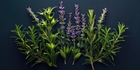 Wall Mural - A bunch of herbs and flowers are arranged on a dark background